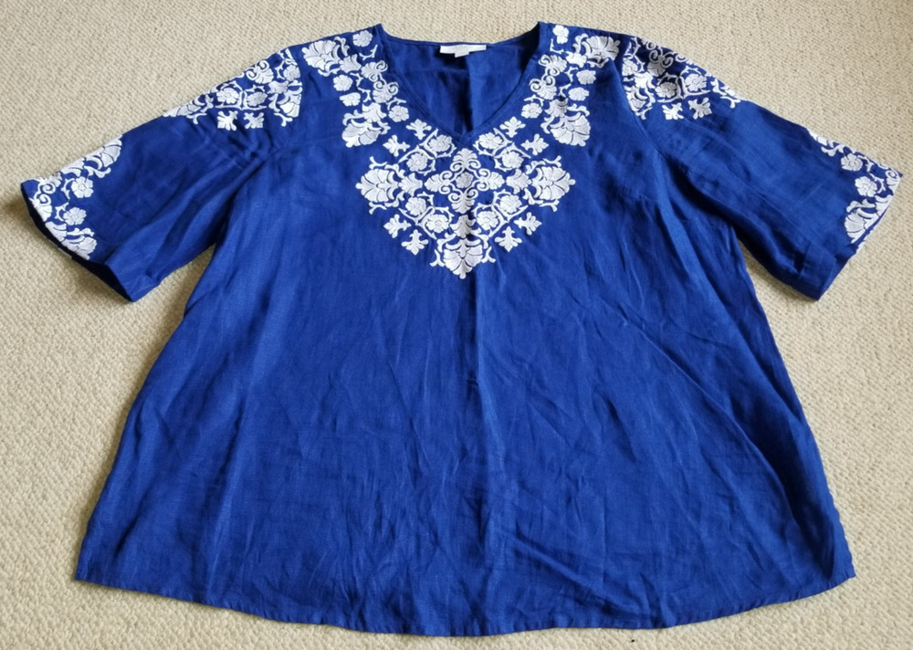 Womens Top-CHARTER CLUB-royal blue linen embroidered tunic Resort Country Club-L